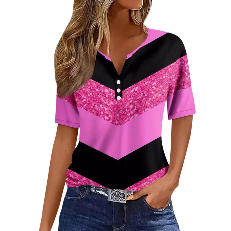 Women's V-Neck T Shirt Short Sleeve Tshirts Summer Casual Clothing Fashions Streetwear Pullover Buttons Clothing Plus Size Tops