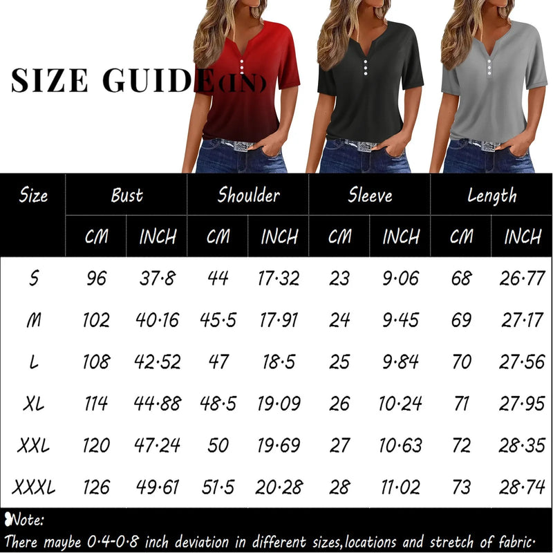 Women's V-Neck T Shirt Short Sleeve Tshirts Summer Casual Clothing Fashions Streetwear Pullover Buttons Clothing Plus Size Tops