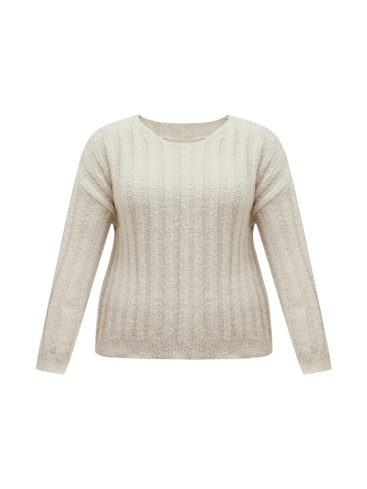 ONELINK Solid Beige White O Neck Vertical Stips Plus Size Women Autumn Winter 2022 Woolen Pullover Sweater Oversize Clothing