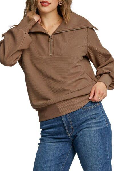 Umgee Full Size Ribbed Knit Half Zipper Sweatshirt Plus Size