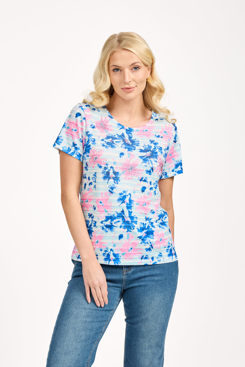Floral Stripe Print Embellished Top