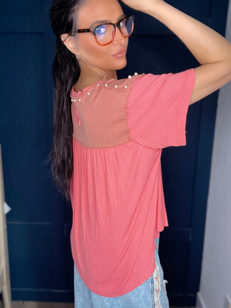 Blakely Pearl Embellished Top- Watermelon Pink