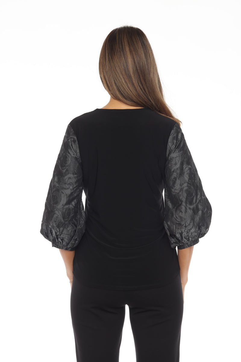 Joseph Ribkoff Black/Grey Embellished V-Neck Puff Sleeve Top 243276