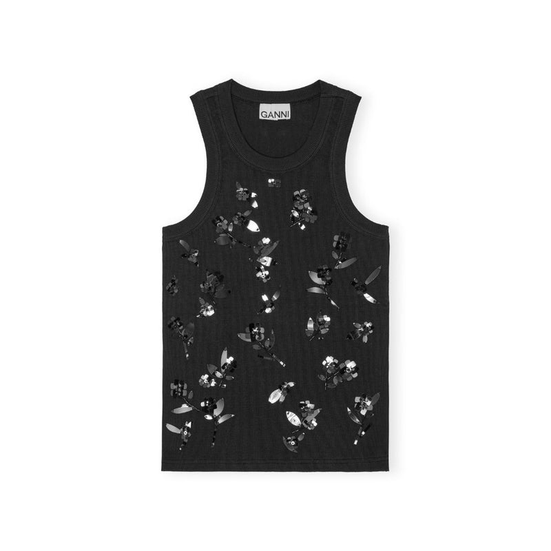 Rib Jersey Embellished Tank Top (Black)