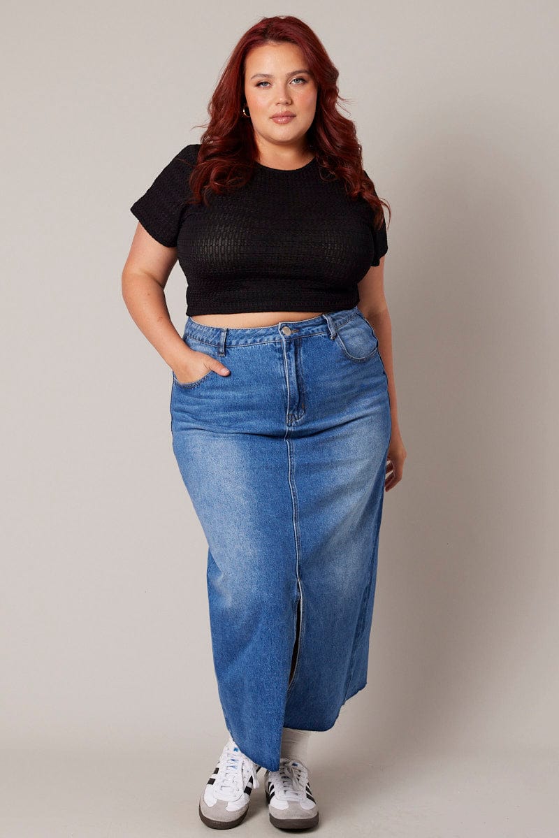 Black Top Short Sleeve Crew Neck Textured