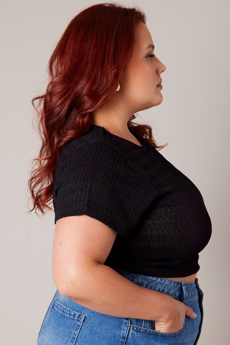 Black Top Short Sleeve Crew Neck Textured