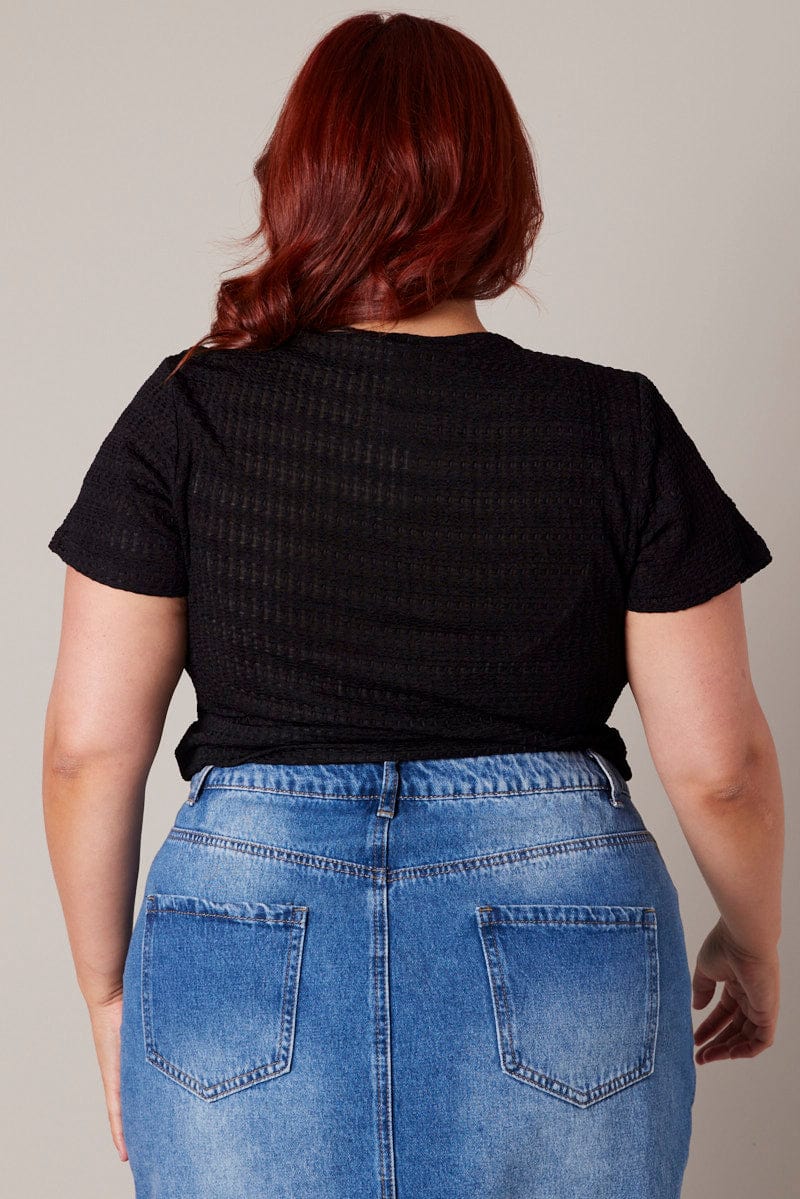 Black Top Short Sleeve Crew Neck Textured