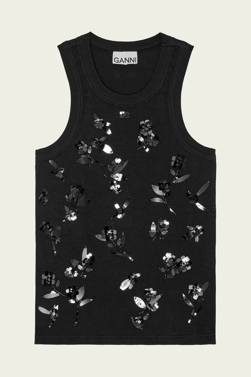Rib Jersey Embellish Tank Top in Black