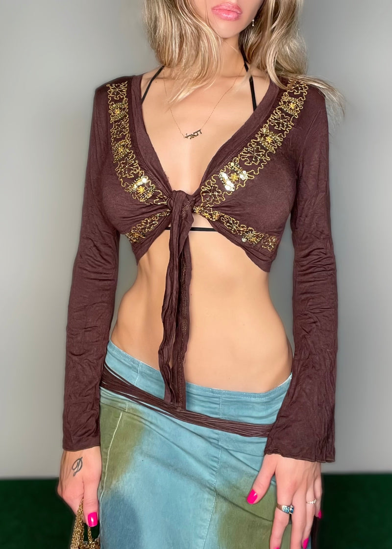 Y2K Brown Bell Sleeve Bolero Crop Top | Gold Embellished Tie-Front Cardigan | Vintage Deadstock USA Made