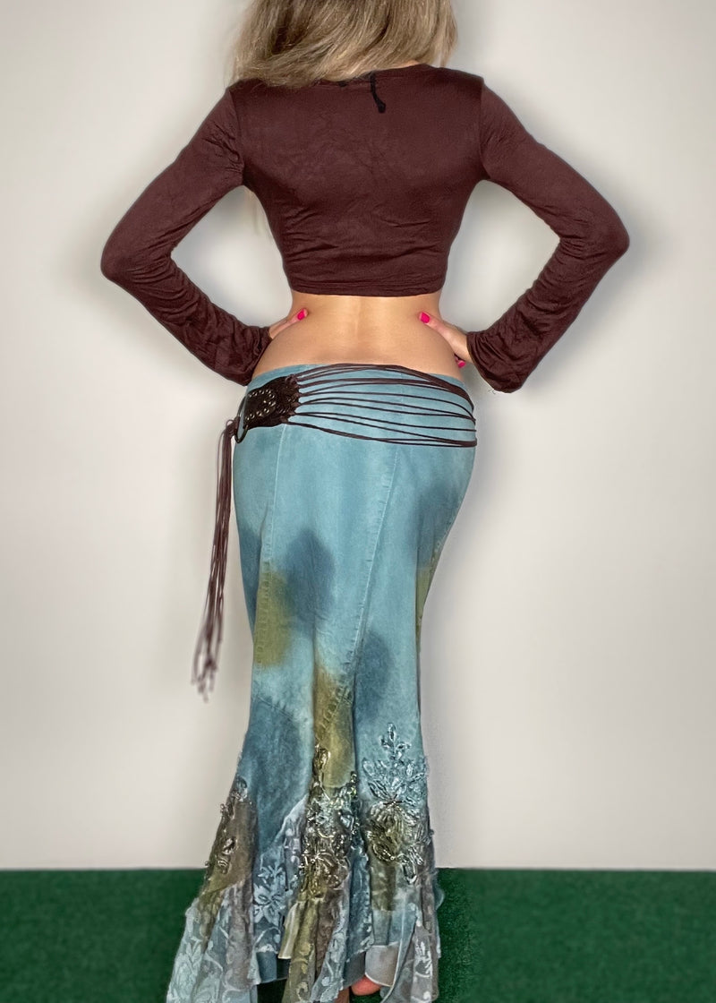 Y2K Brown Bell Sleeve Bolero Crop Top | Gold Embellished Tie-Front Cardigan | Vintage Deadstock USA Made