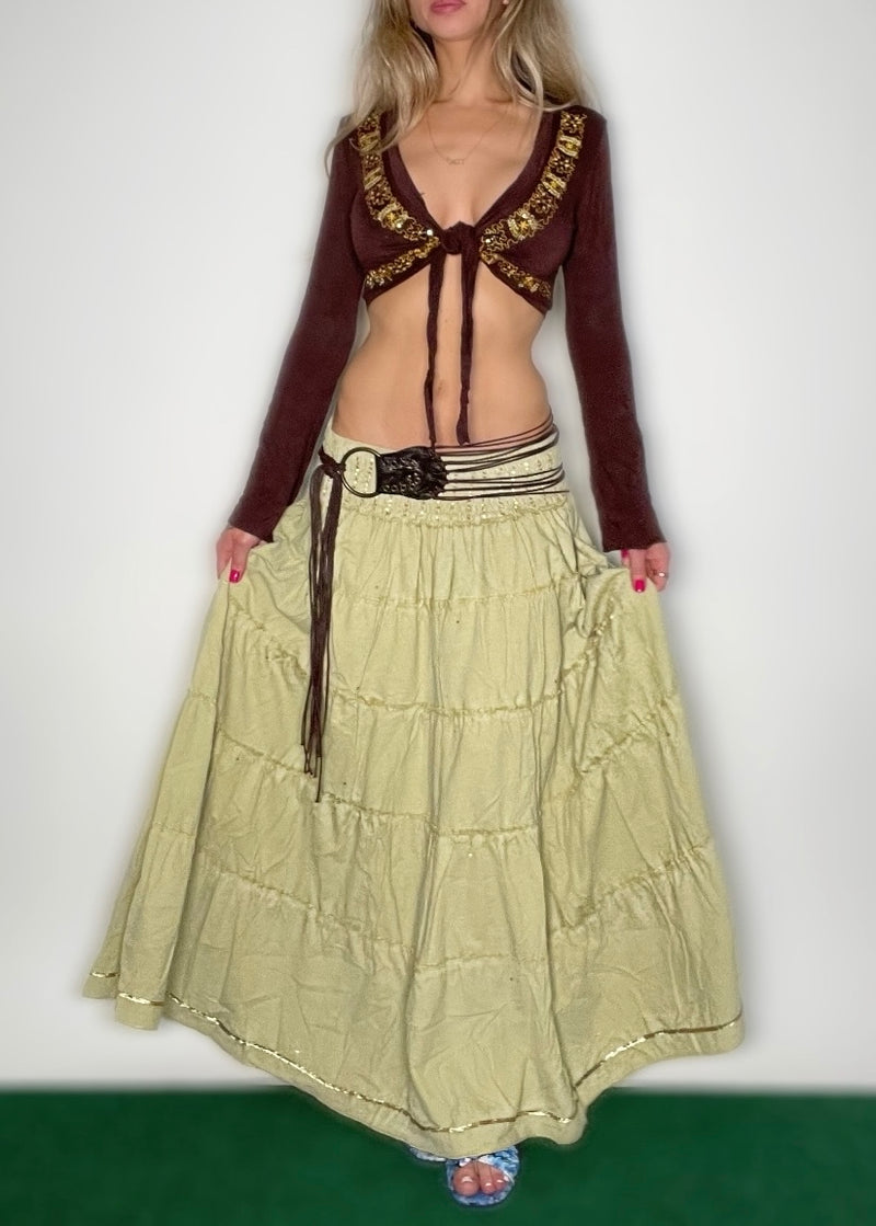 Y2K Brown Bell Sleeve Bolero Crop Top | Gold Embellished Tie-Front Cardigan | Vintage Deadstock USA Made