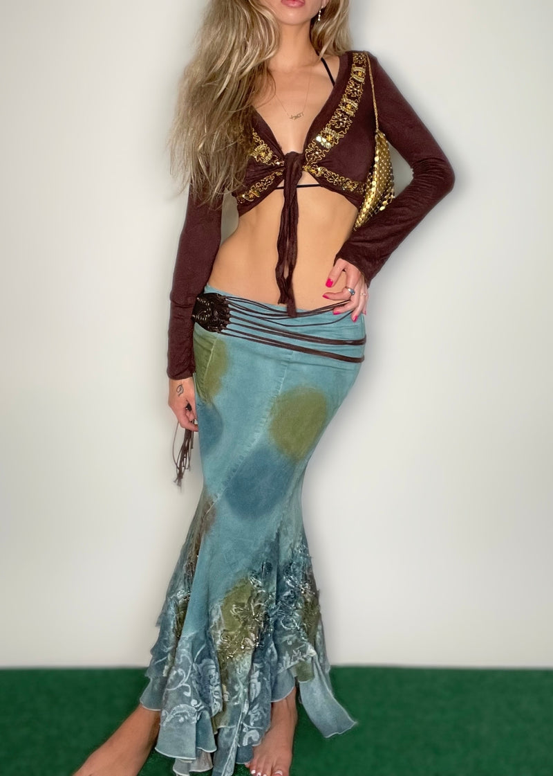 Y2K Brown Bell Sleeve Bolero Crop Top | Gold Embellished Tie-Front Cardigan | Vintage Deadstock USA Made