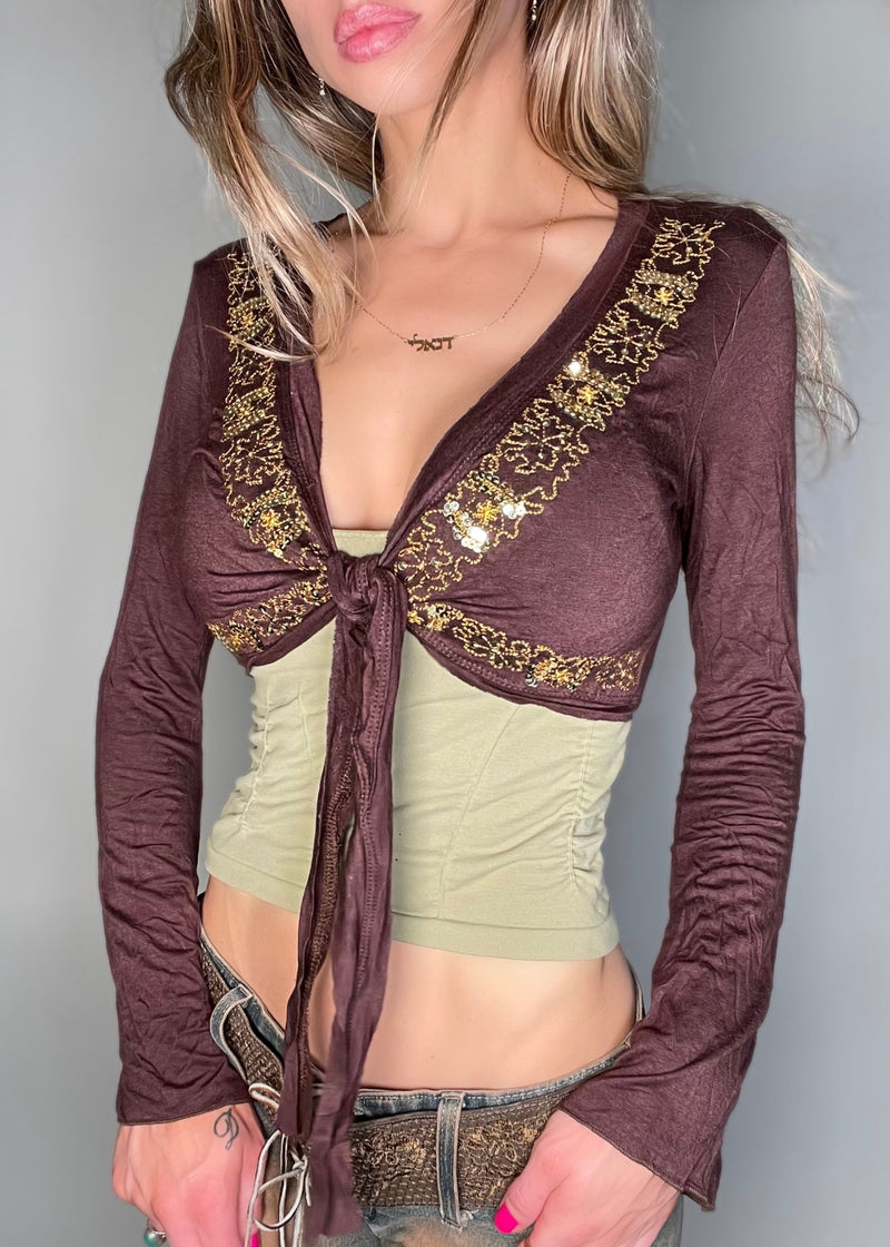 Y2K Brown Bell Sleeve Bolero Crop Top | Gold Embellished Tie-Front Cardigan | Vintage Deadstock USA Made
