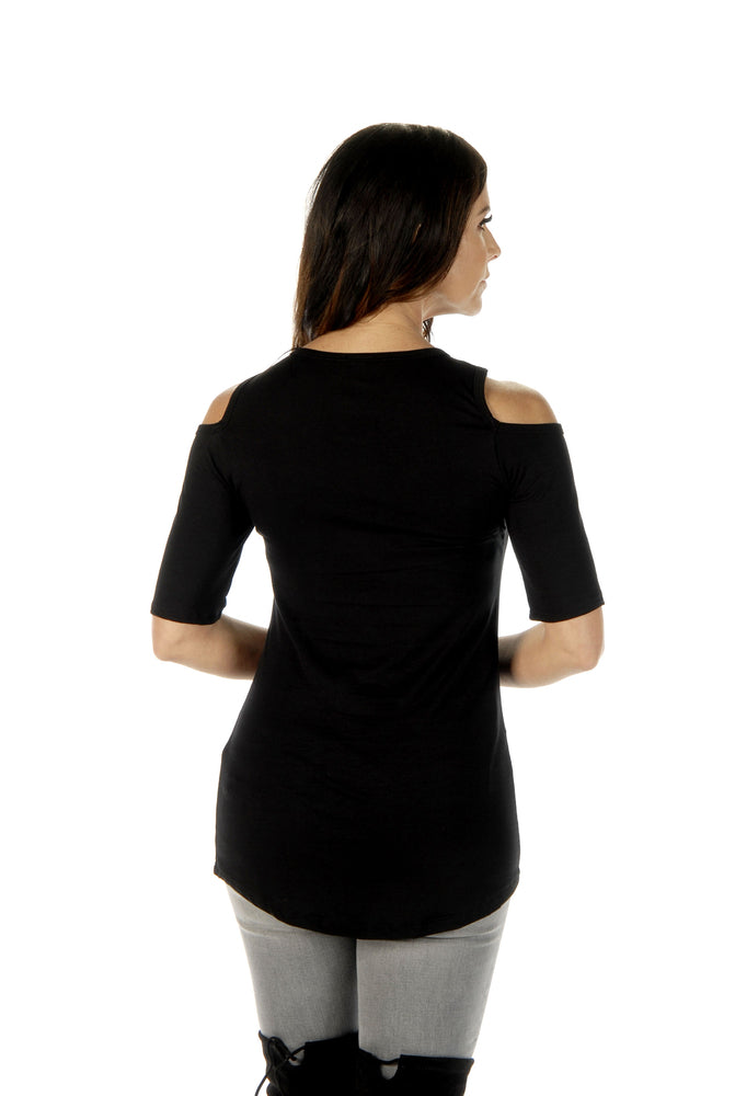 Liberty Wear Women's Bikers, Booze & Babes Embellished Cold Shoulder Short Sleeve Top – Black