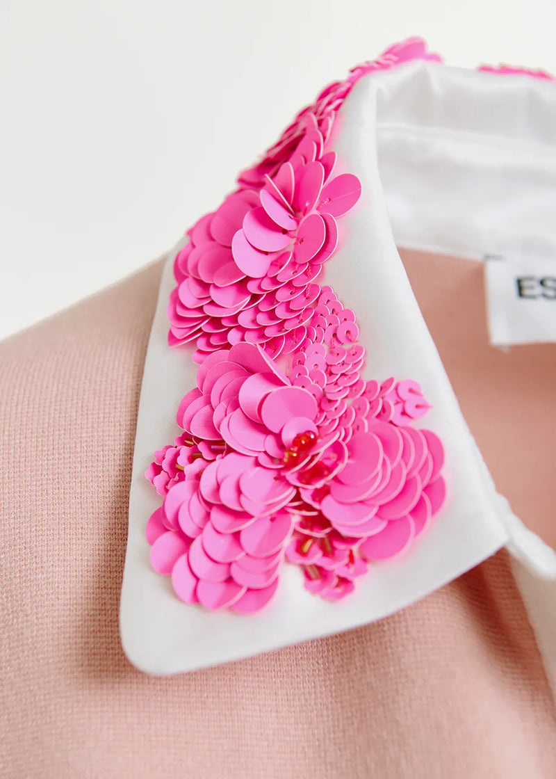 Essentiel Antwerp HOISEAU Pink and white polo top with sequin and bead embellishments