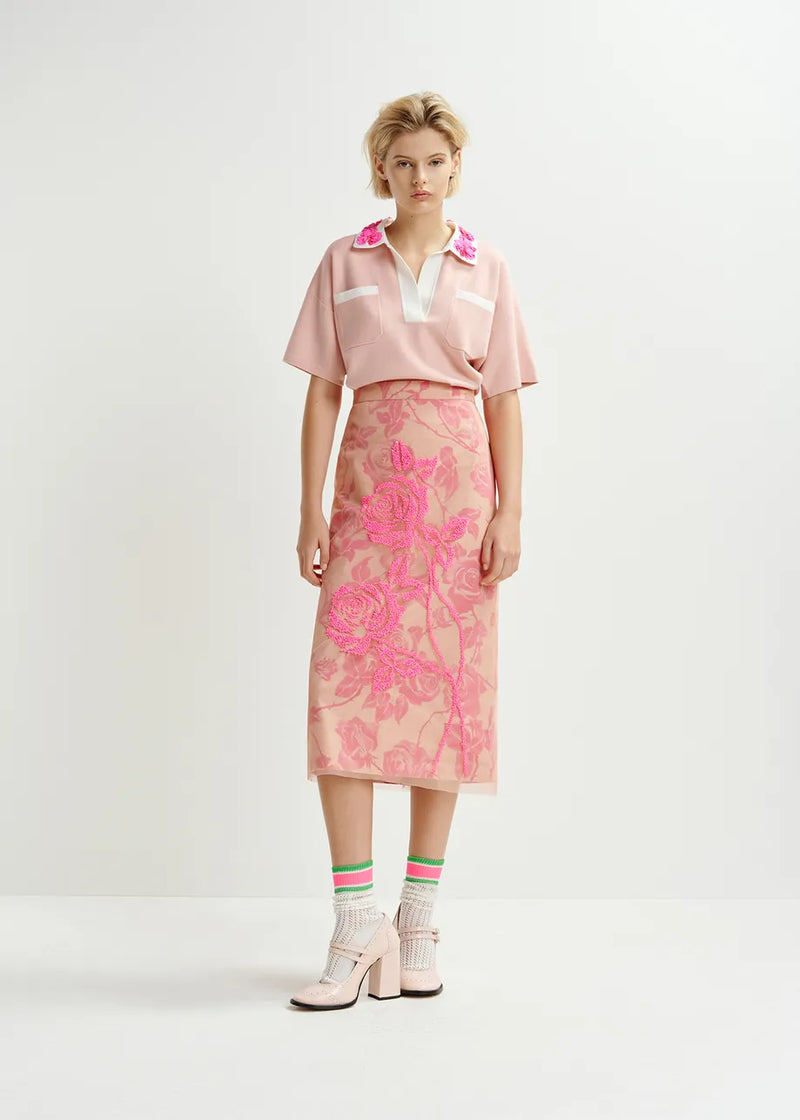 Essentiel Antwerp HOISEAU Pink and white polo top with sequin and bead embellishments