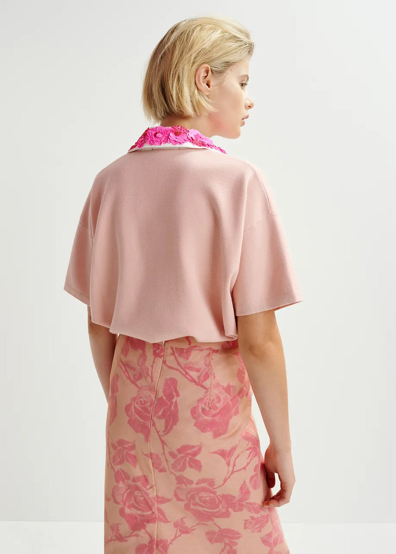 Essentiel Antwerp HOISEAU Pink and white polo top with sequin and bead embellishments