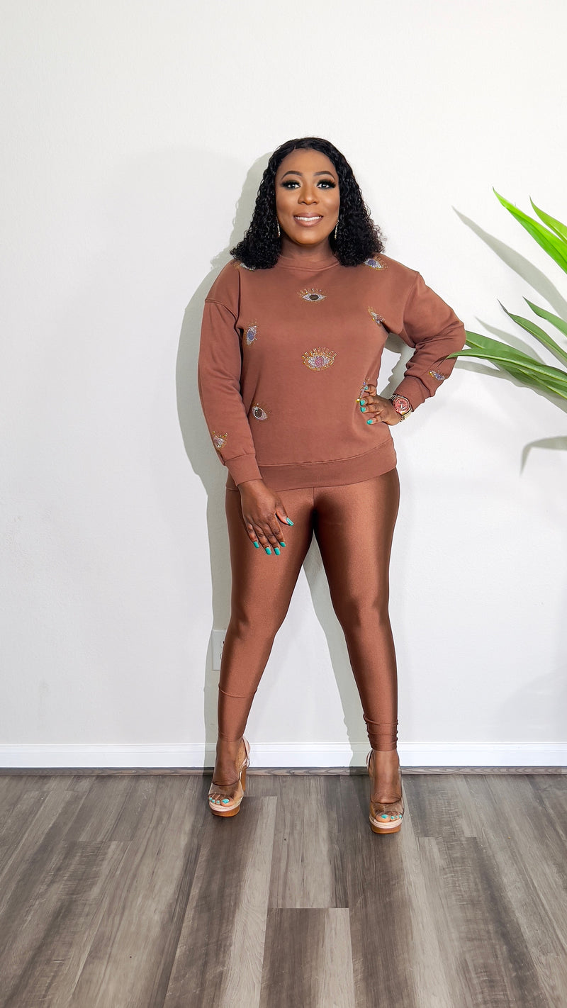 ANGEL EYE LONG SLEEVE EMBELLISHED SWEATER TOP (Brown)FINAL SALE