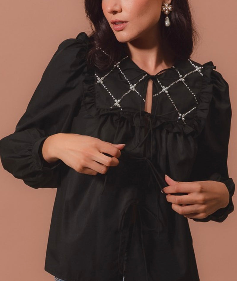 Black Beads Embellished Ruffled Yoke Blouse Top