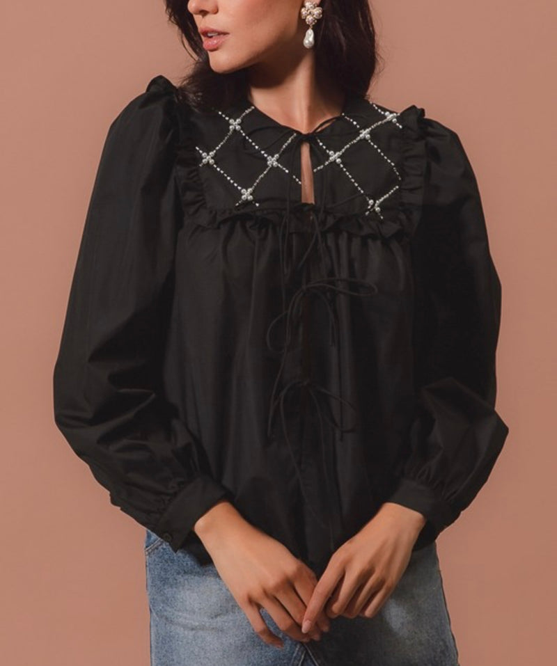 Black Beads Embellished Ruffled Yoke Blouse Top