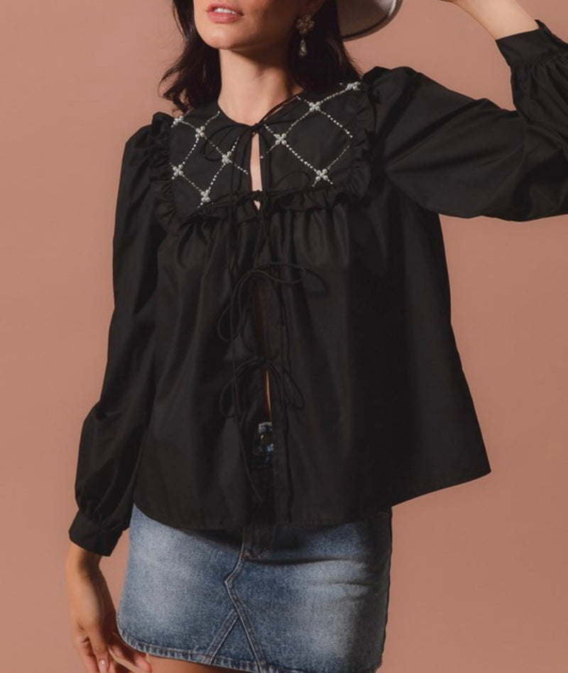 Black Beads Embellished Ruffled Yoke Blouse Top