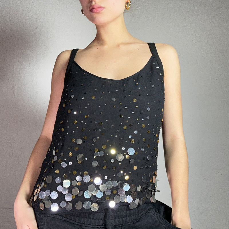 Vintage 2000's Coquette Black Sequin Embellished Cami Top (M)