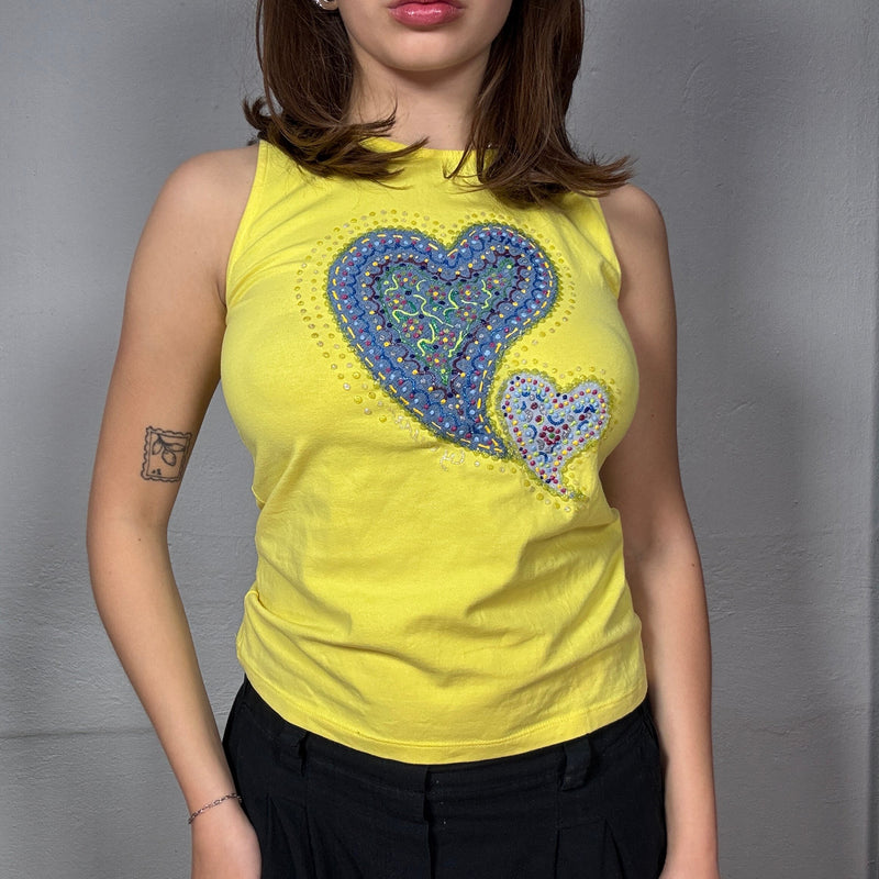 Vintage 90’s Cute Yellow Heart Graphic Sleeveless Top with Embellished Detail (S)