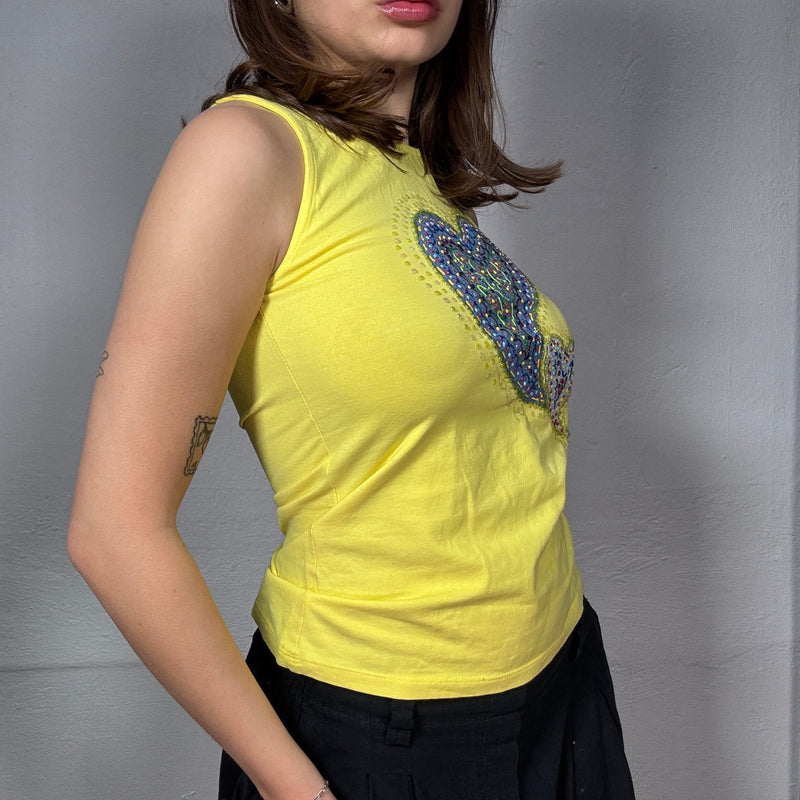 Vintage 90’s Cute Yellow Heart Graphic Sleeveless Top with Embellished Detail (S)