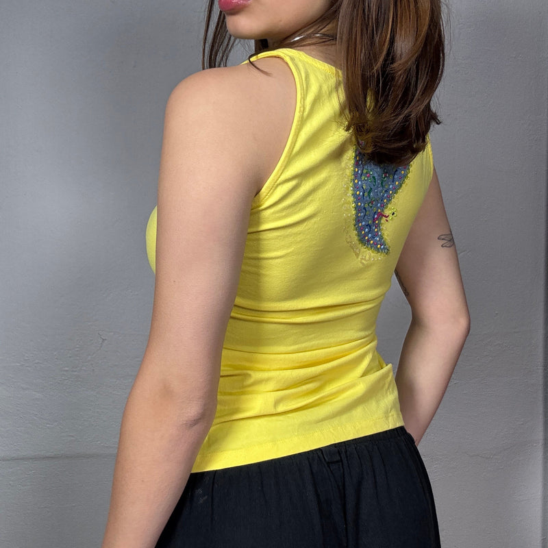 Vintage 90’s Cute Yellow Heart Graphic Sleeveless Top with Embellished Detail (S)