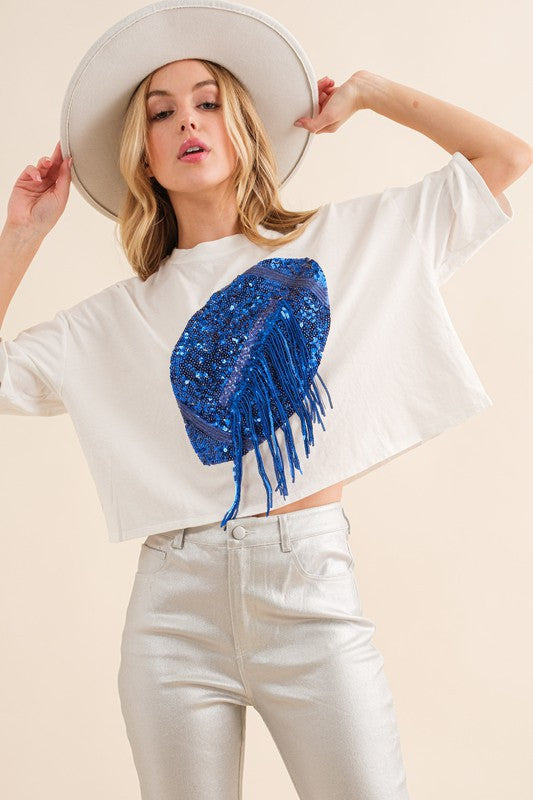 White Embellished Sequin Football Fringe Crop T Shirt