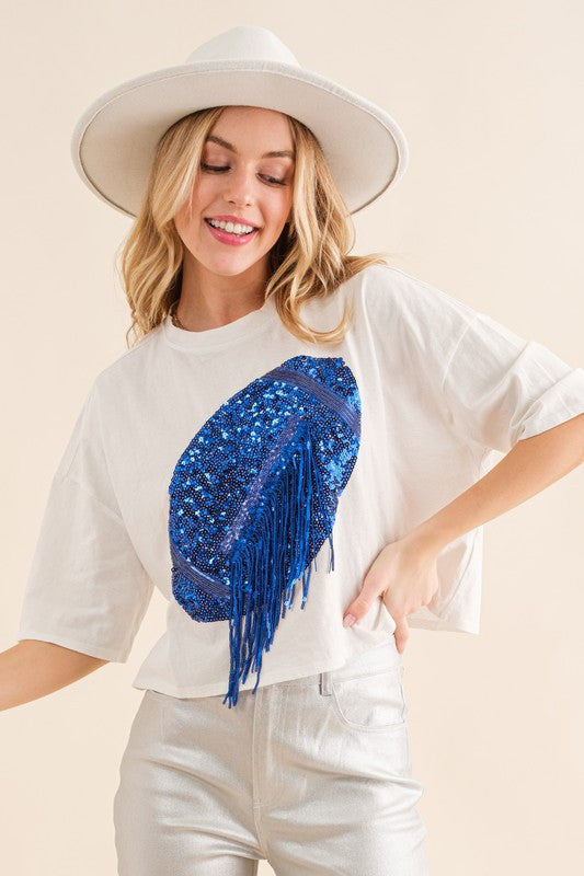 White Embellished Sequin Football Fringe Crop T Shirt