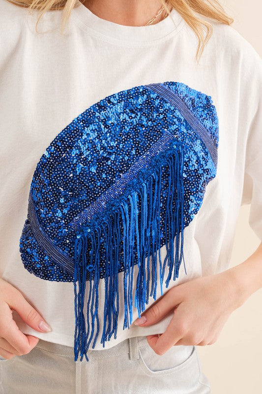 White Embellished Sequin Football Fringe Crop T Shirt