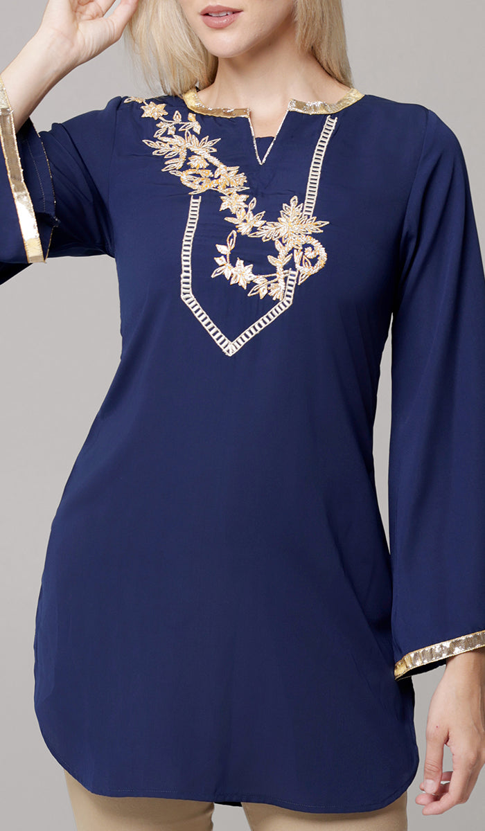 Ana Gold Embellished Modest Formal Tunic - Navy