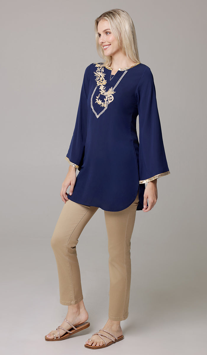 Ana Gold Embellished Modest Formal Tunic - Navy