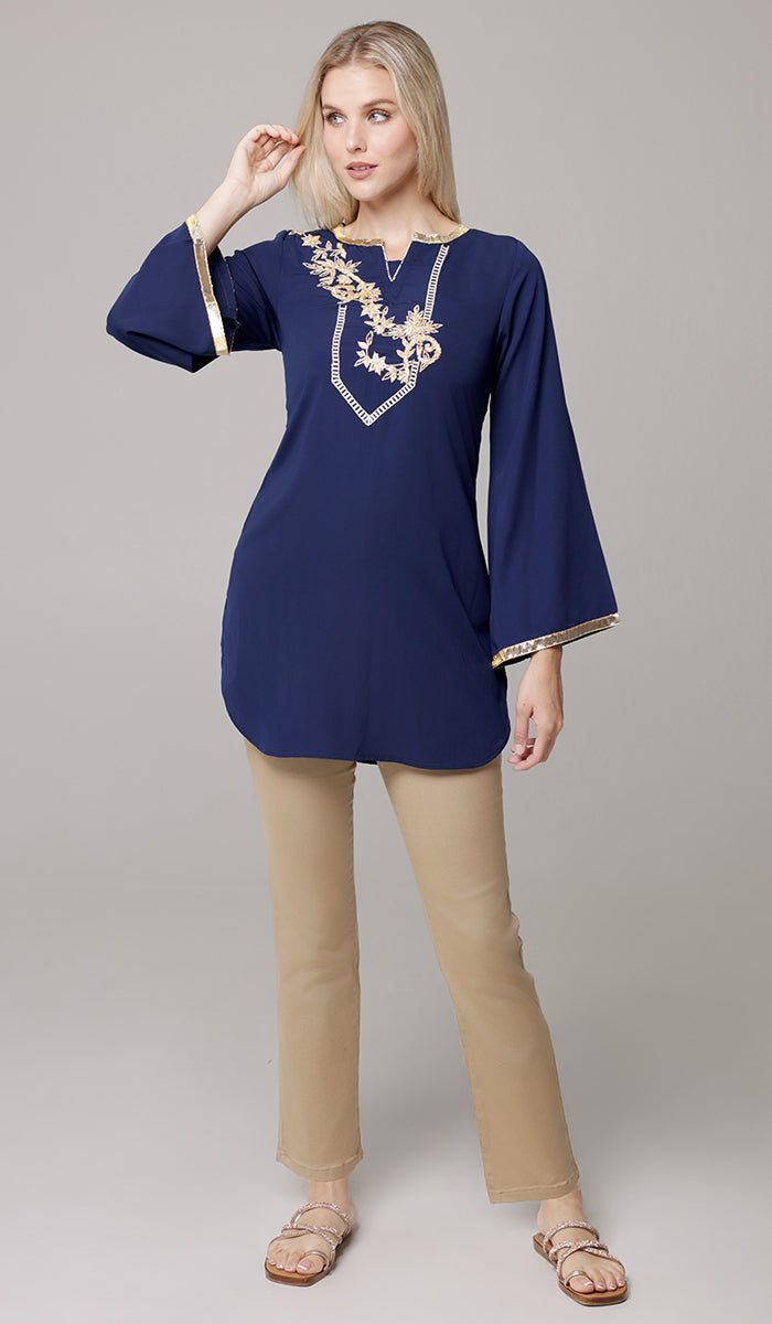 Ana Gold Embellished Modest Formal Tunic - Navy
