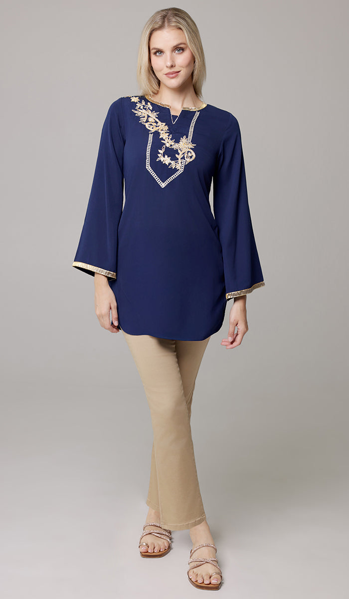 Ana Gold Embellished Modest Formal Tunic - Navy