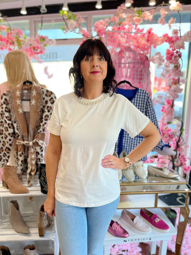 Mellisa Pearl & Crystal Embellished T-Shirt - White