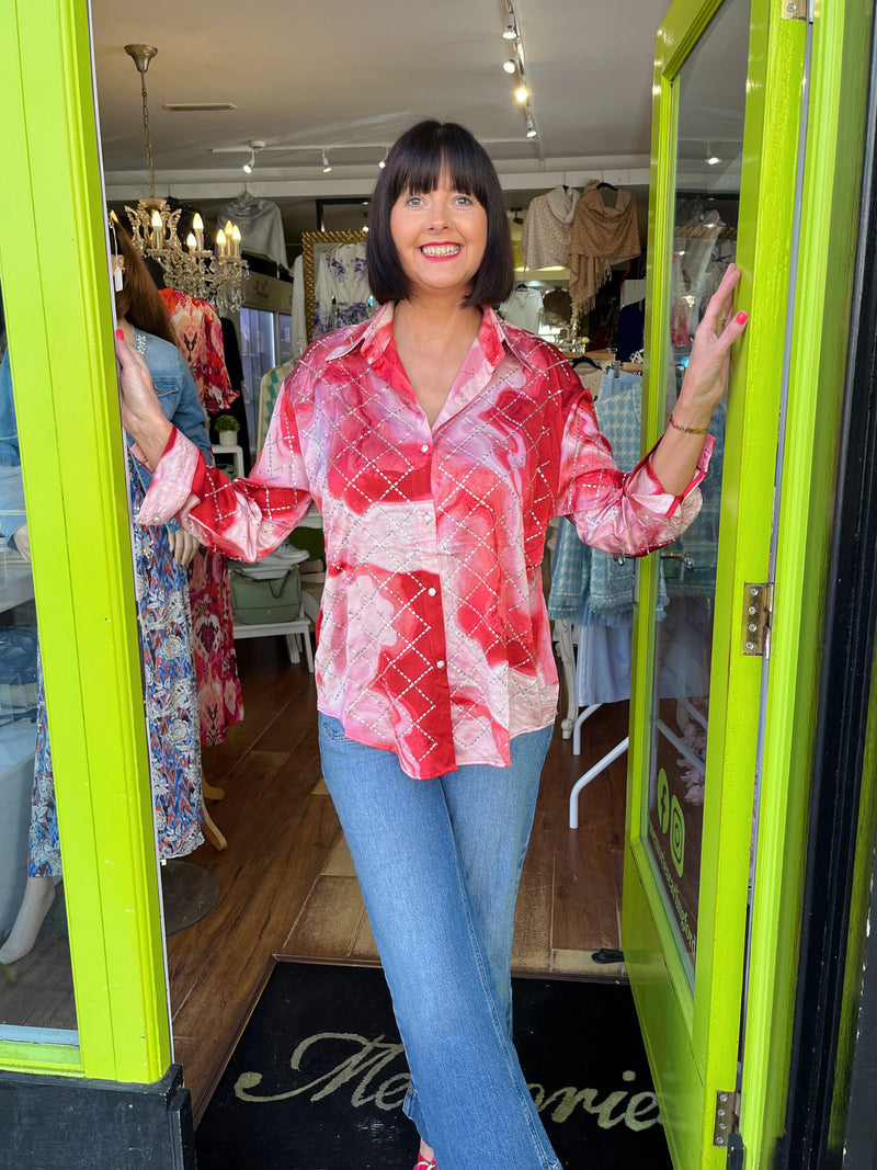 Gayle Diamante Embellished & Print Shirt - Red & Pink