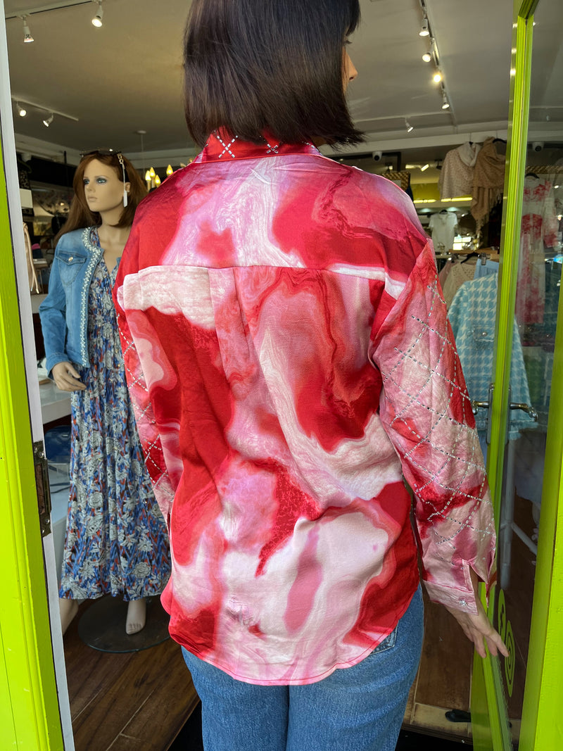 Gayle Diamante Embellished & Print Shirt - Red & Pink