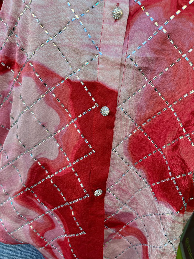 Gayle Diamante Embellished & Print Shirt - Red & Pink
