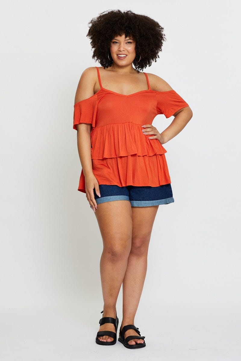 Red Cold Shoulder T-shirt Short Sleeve Cotton