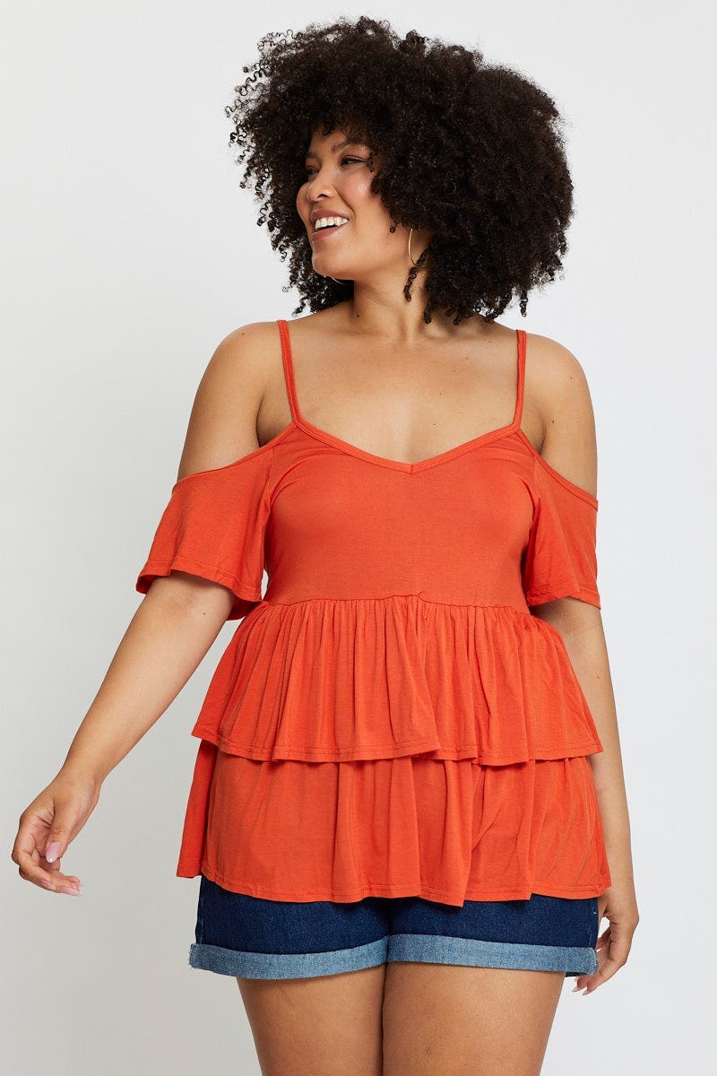 Red Cold Shoulder T-shirt Short Sleeve Cotton