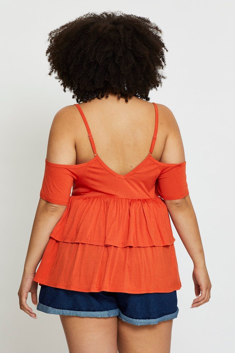 Red Cold Shoulder T-shirt Short Sleeve Cotton