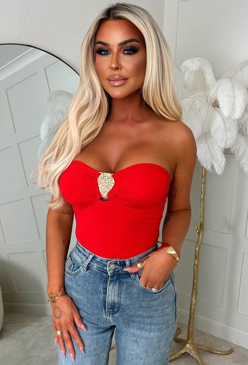 Enchant Me Red Gold Detail Bandeau Stretch Bodysuit