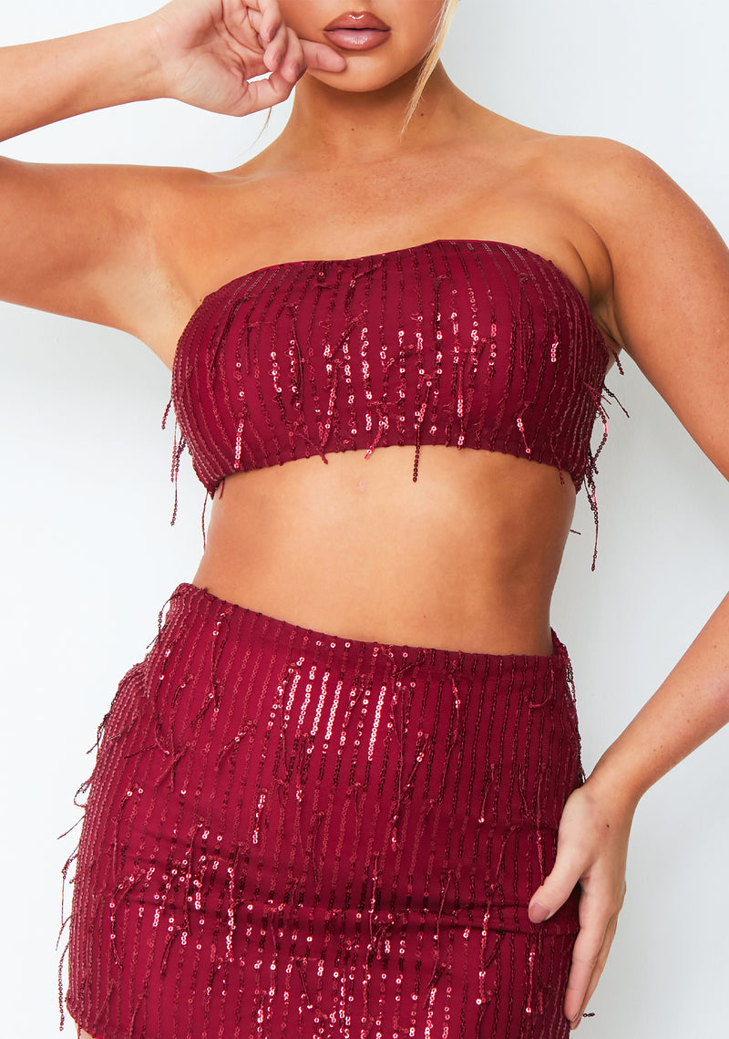 Athena Wine Tassel Sequin Bandeau Top