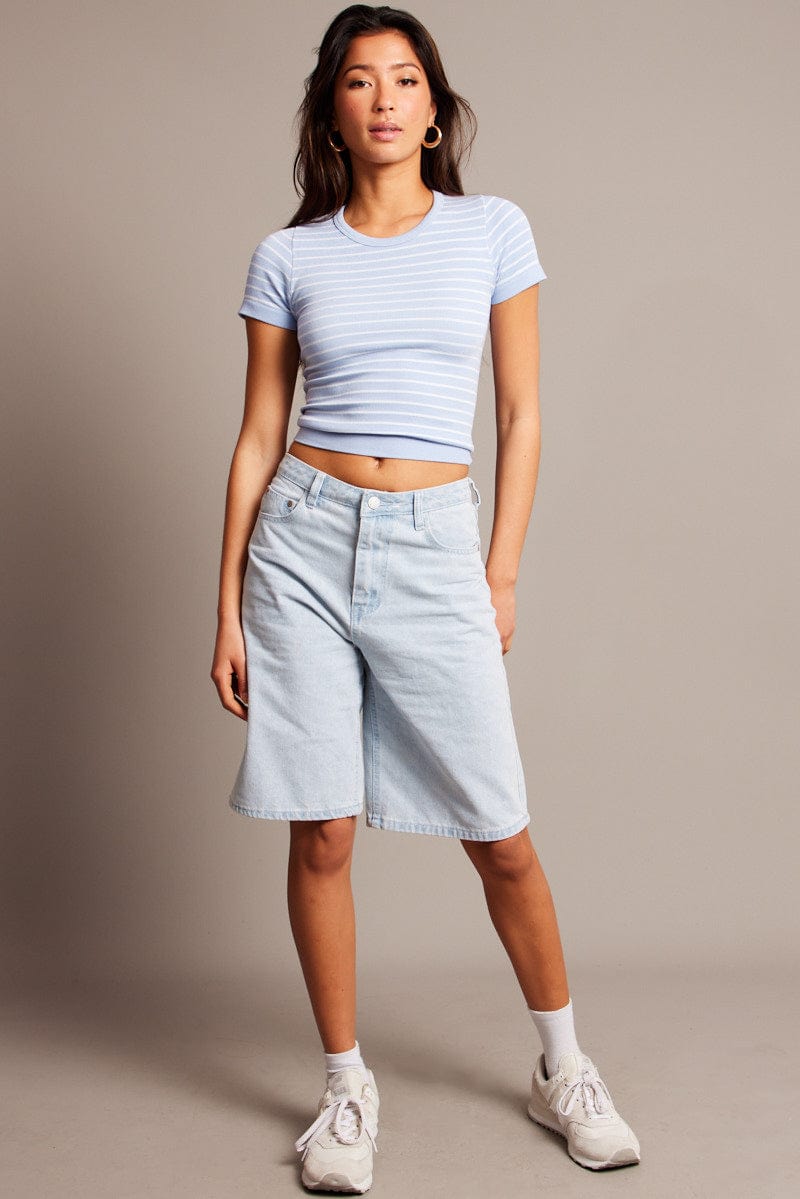 Blue Stripe T Shirt Short Sleeve Crew Neck Seamless