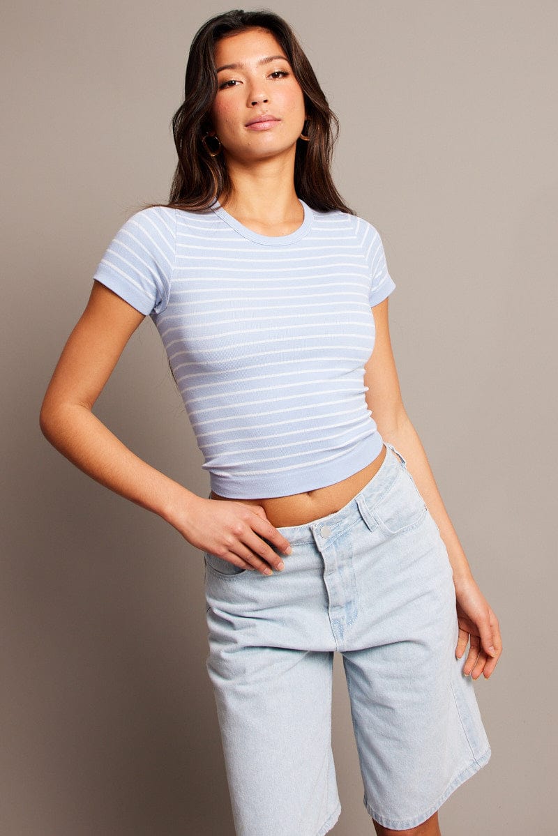 Blue Stripe T Shirt Short Sleeve Crew Neck Seamless