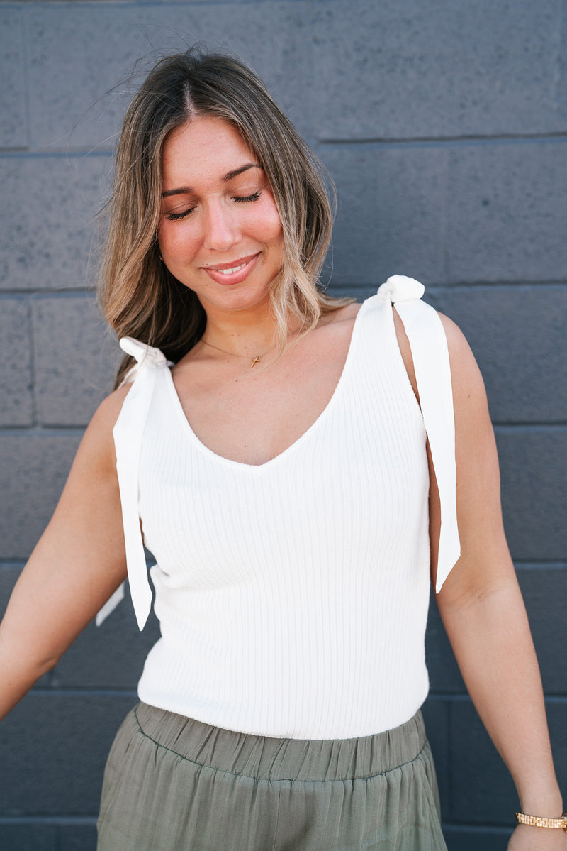 Knotted Shoulder Ribbed Sweater Tank - Off White