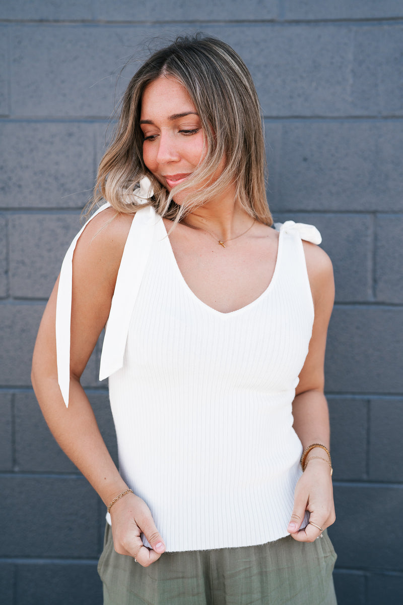 Knotted Shoulder Ribbed Sweater Tank - Off White