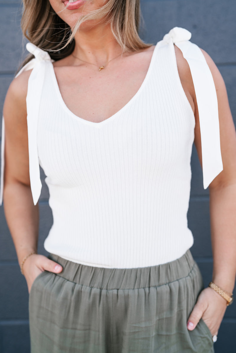Knotted Shoulder Ribbed Sweater Tank - Off White